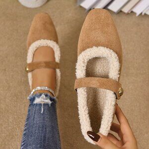 Brown Elegant Women's Plus Size Thermal Flats with Metal Buckle